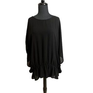 Fisca Blouse Womens 1X Sheer Black Elastic Ruffled Batwing Blouse